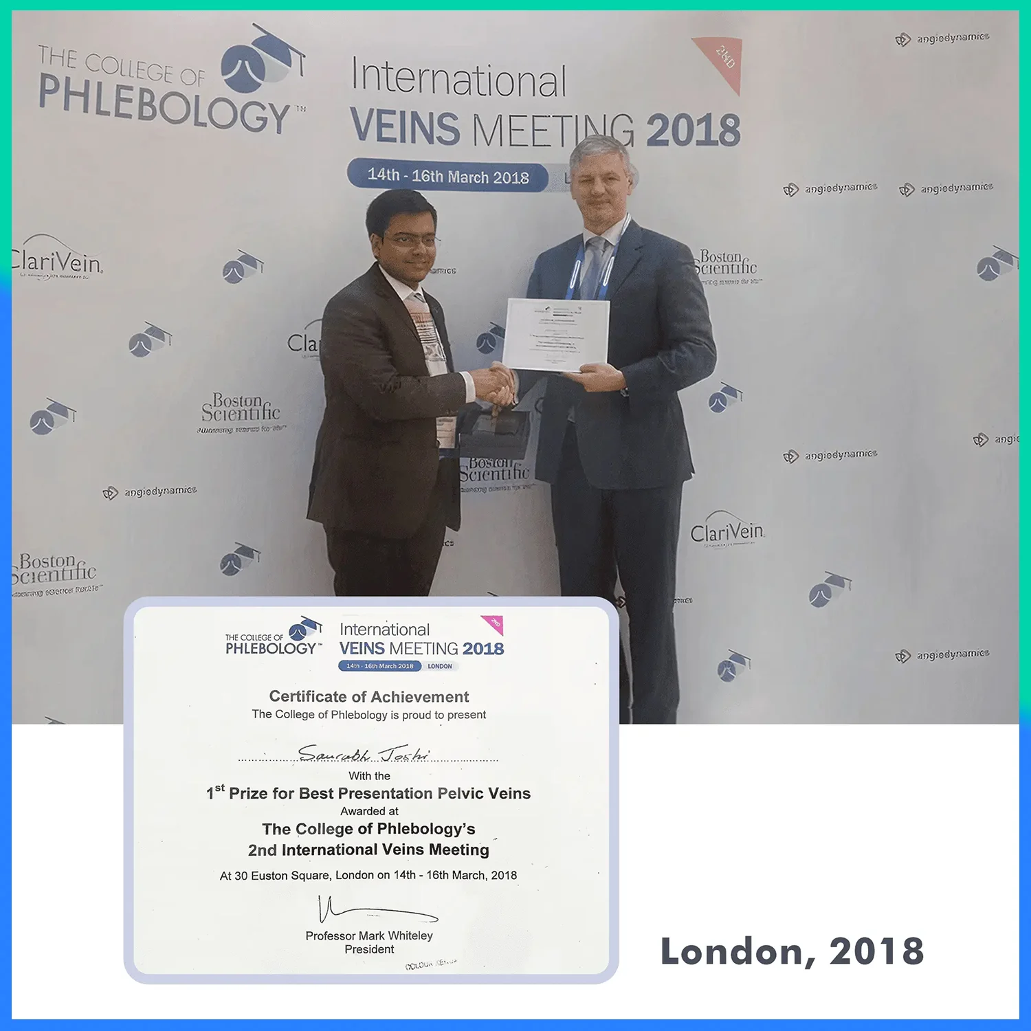 Dr. Saurabh Joshi with College of Phlebology London Award for Varicose Veins Treatment in 2018 copy